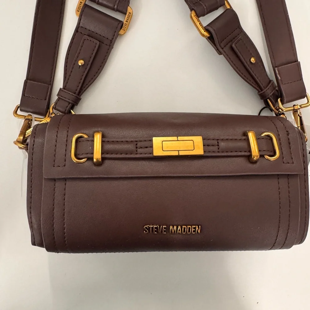 Steve Madden Rich Chocolate Brown Leather Crossbody with Gold Hardware
